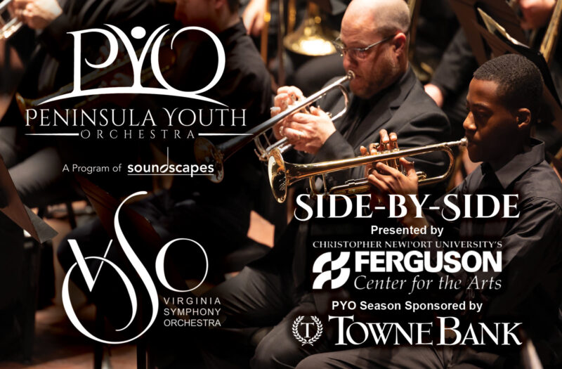 Image of Virginia Symphony Orchestra and Peninsula Youth Orchestra on stage together. Side-by-Side concert presented by Ferguson Center for the Arts. PYO Season Sponsor TowneBank